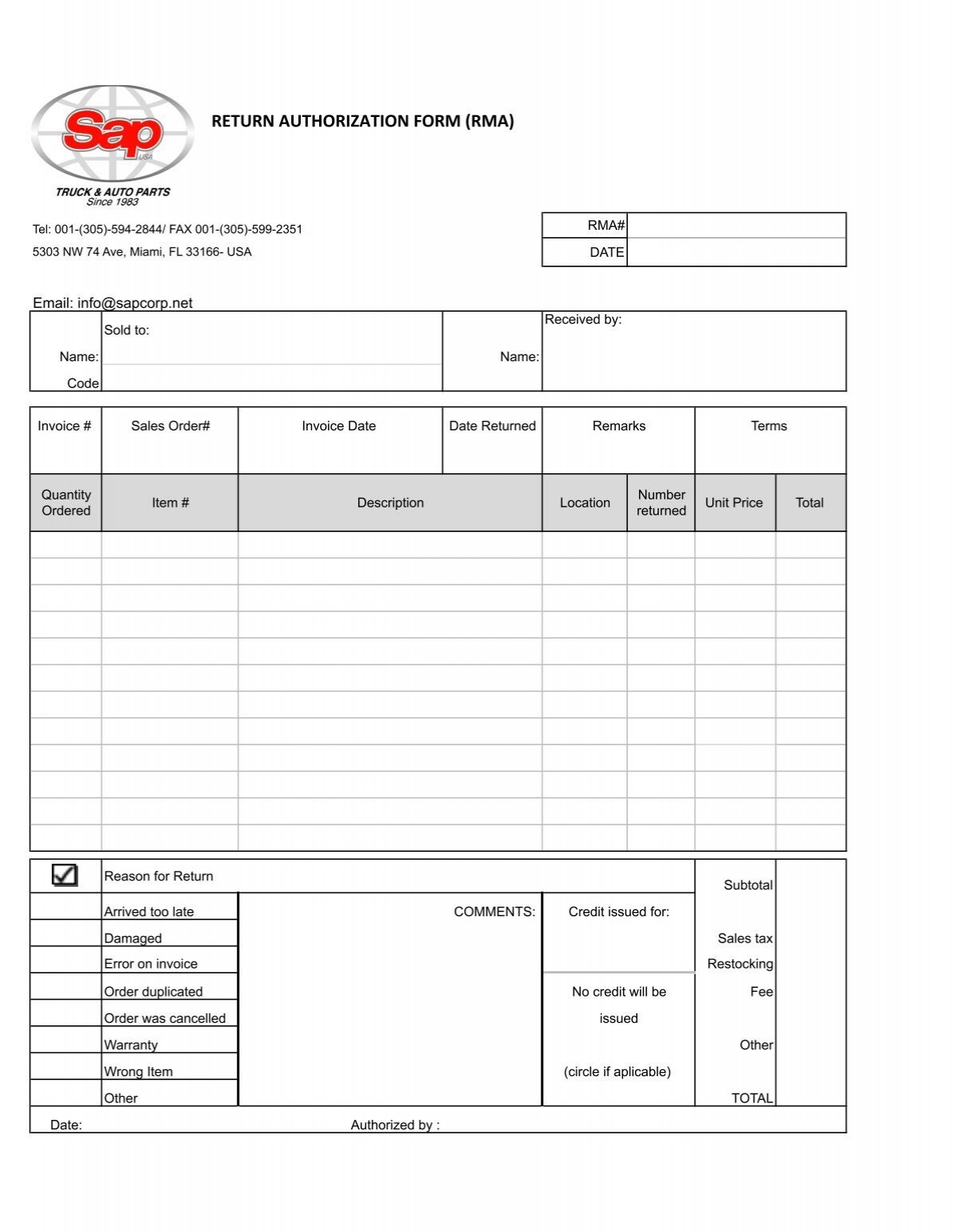 RETURN AUTHORIZATION FORM RMA Sapcorp