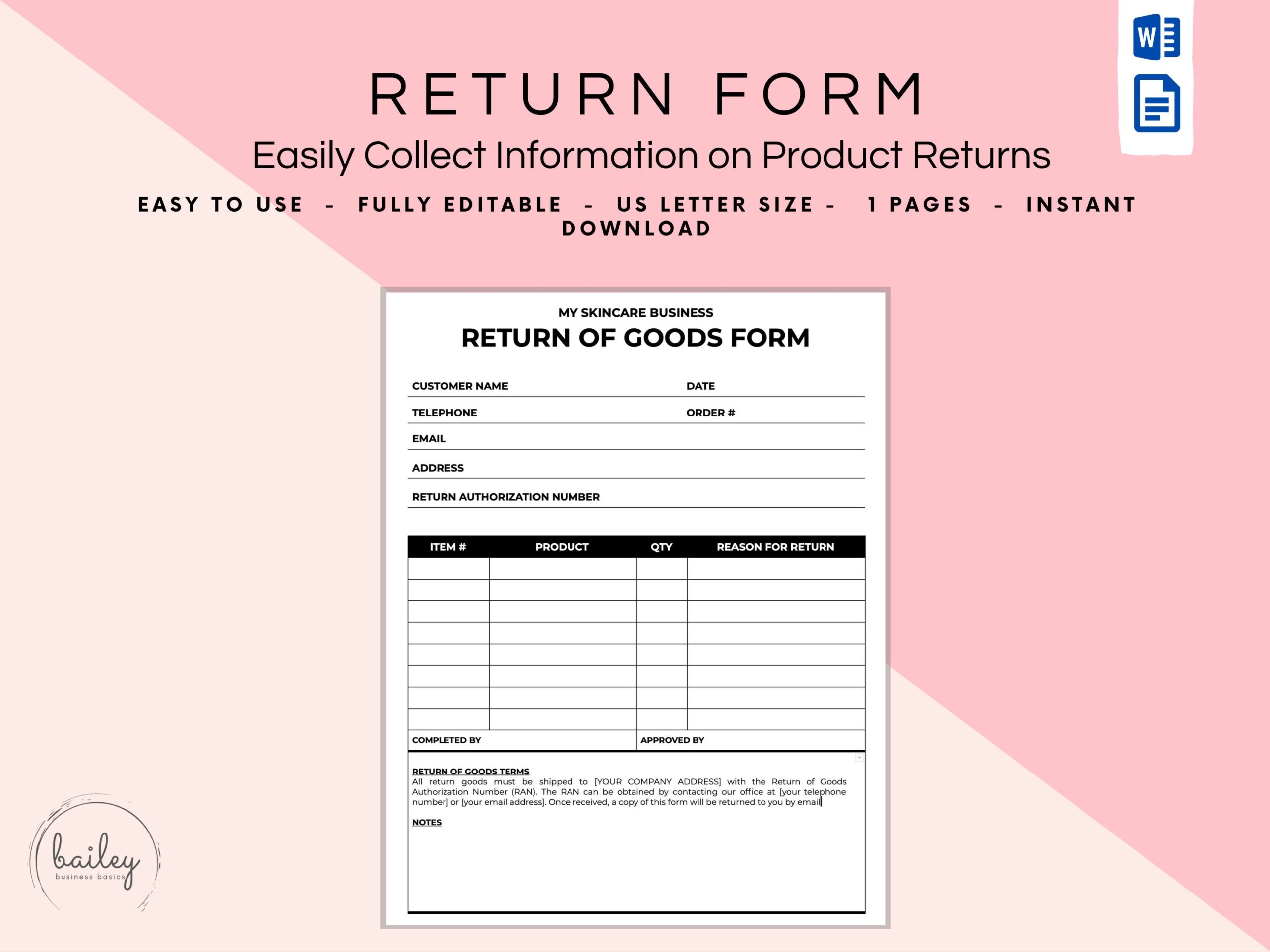 Return Of Goods Form Return Form Merchandise Return Form Etsy