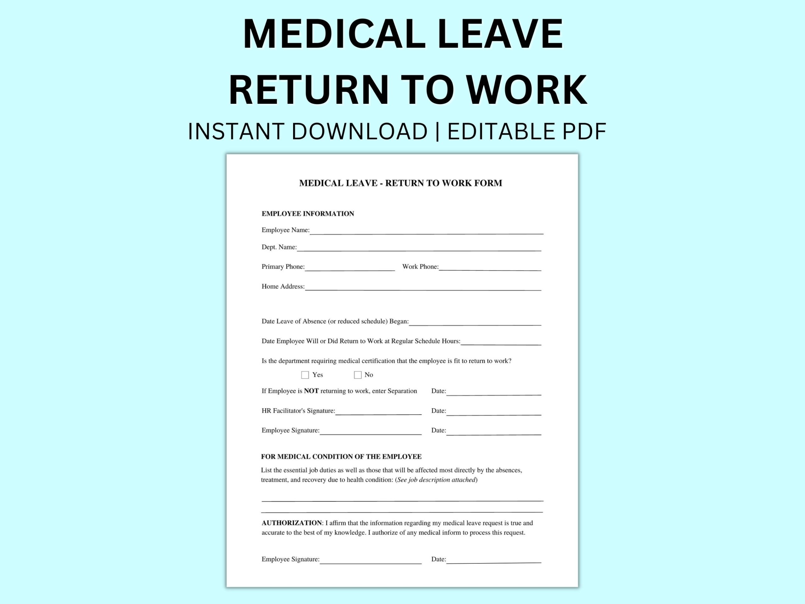 Return To Work Doctor s Absence Leave Excuse PDF Template HR Office Form Instant Download Editable PDF Custom Template Work School Form Etsy
