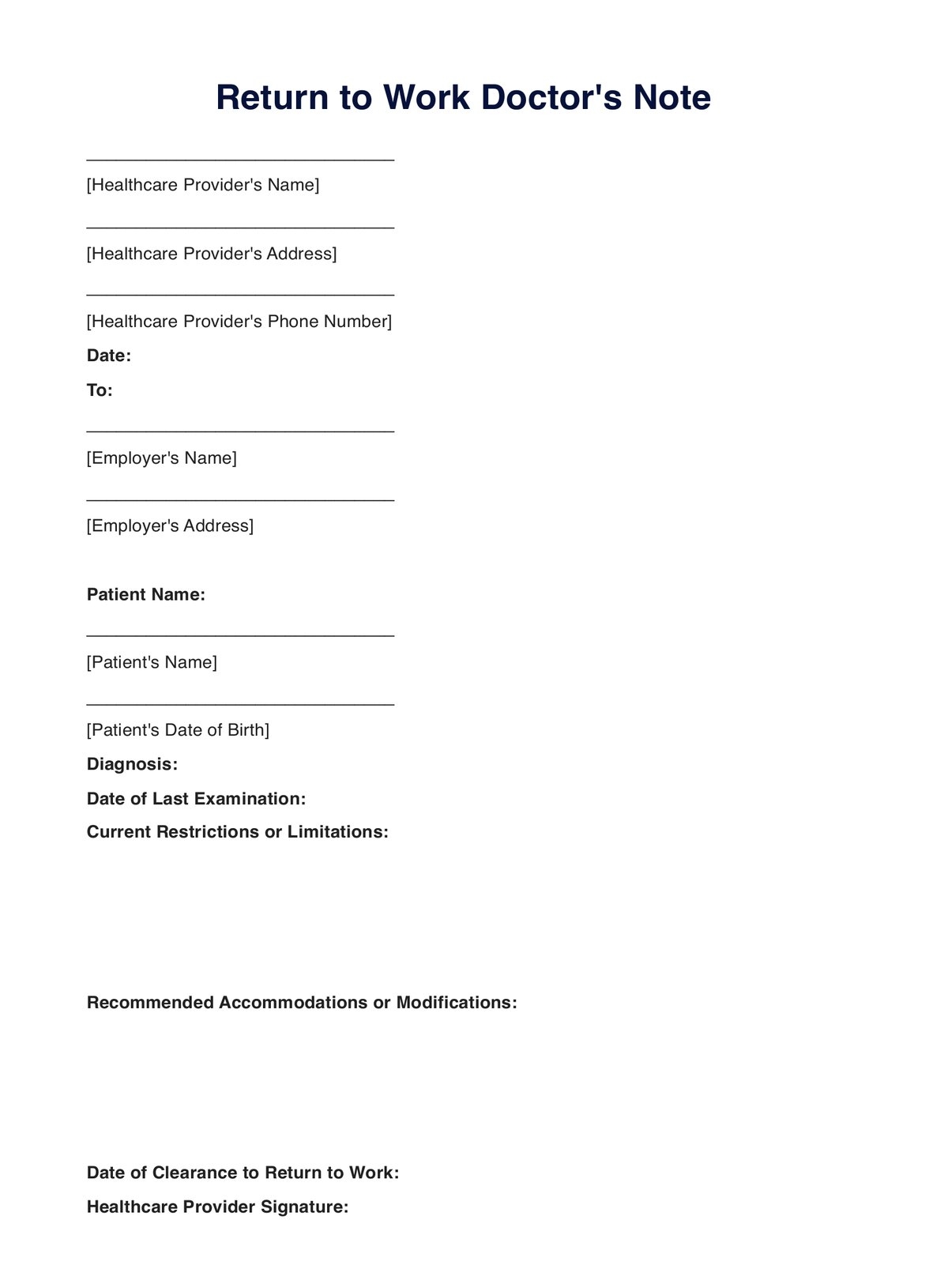 Return To Work Form Template Free Pdf