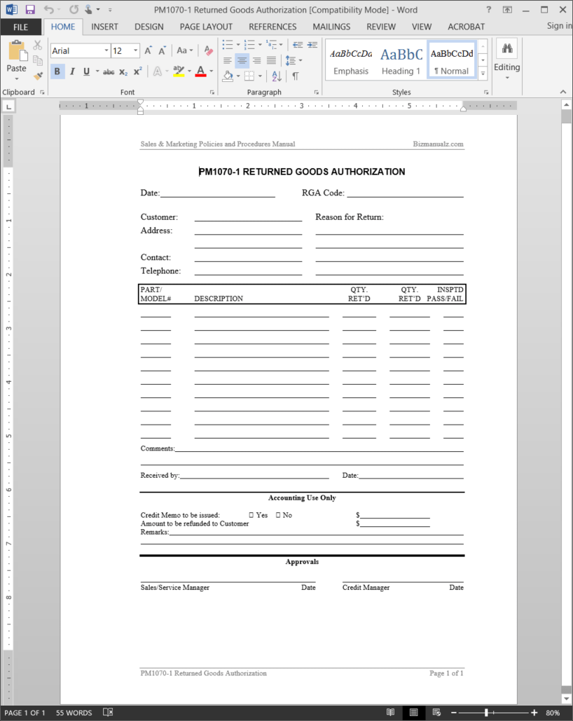 Return Merchandise Authorization Form Template
