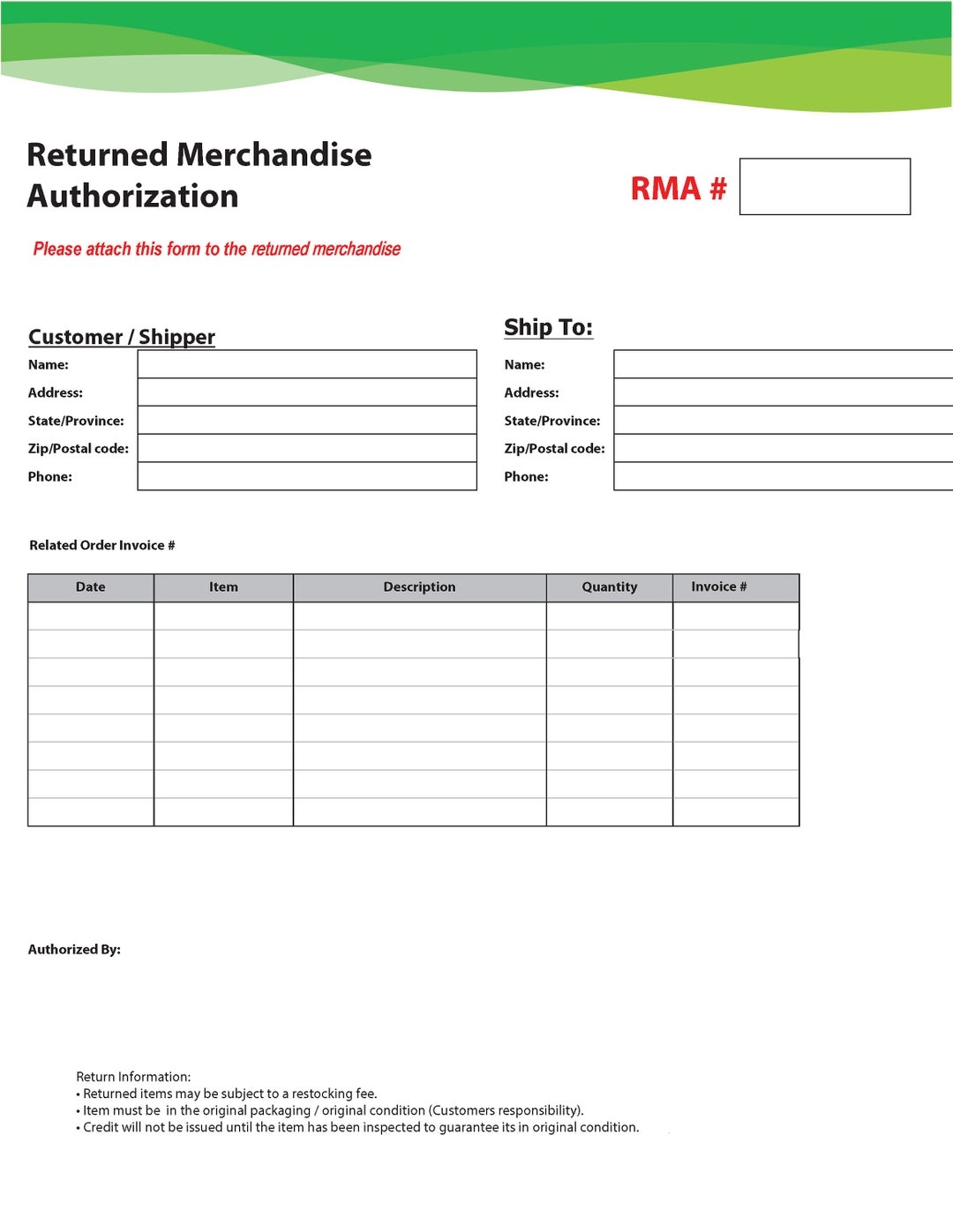 RMA Form Returned Merchandise Authorization Form Fillable PDF Form For Company Returns Etsy
