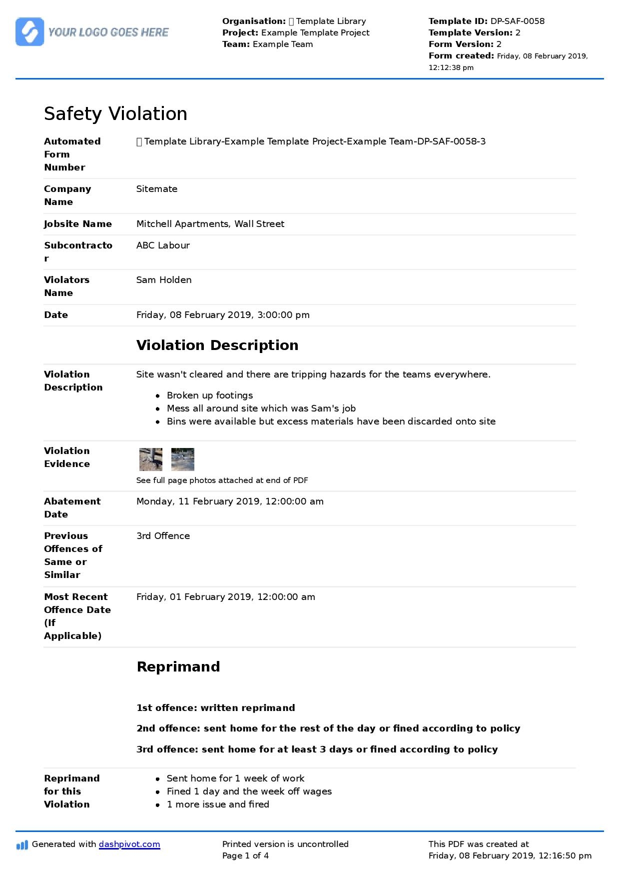 Safety Violation Template Easy Safety Violation Forms And Notices