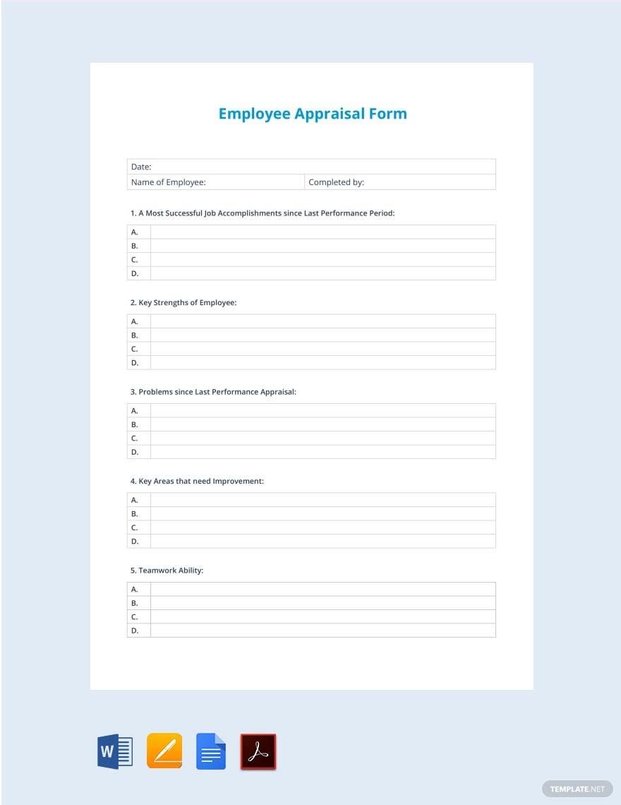 Sample Employee Appraisal Form Template In Word Pages PDF 