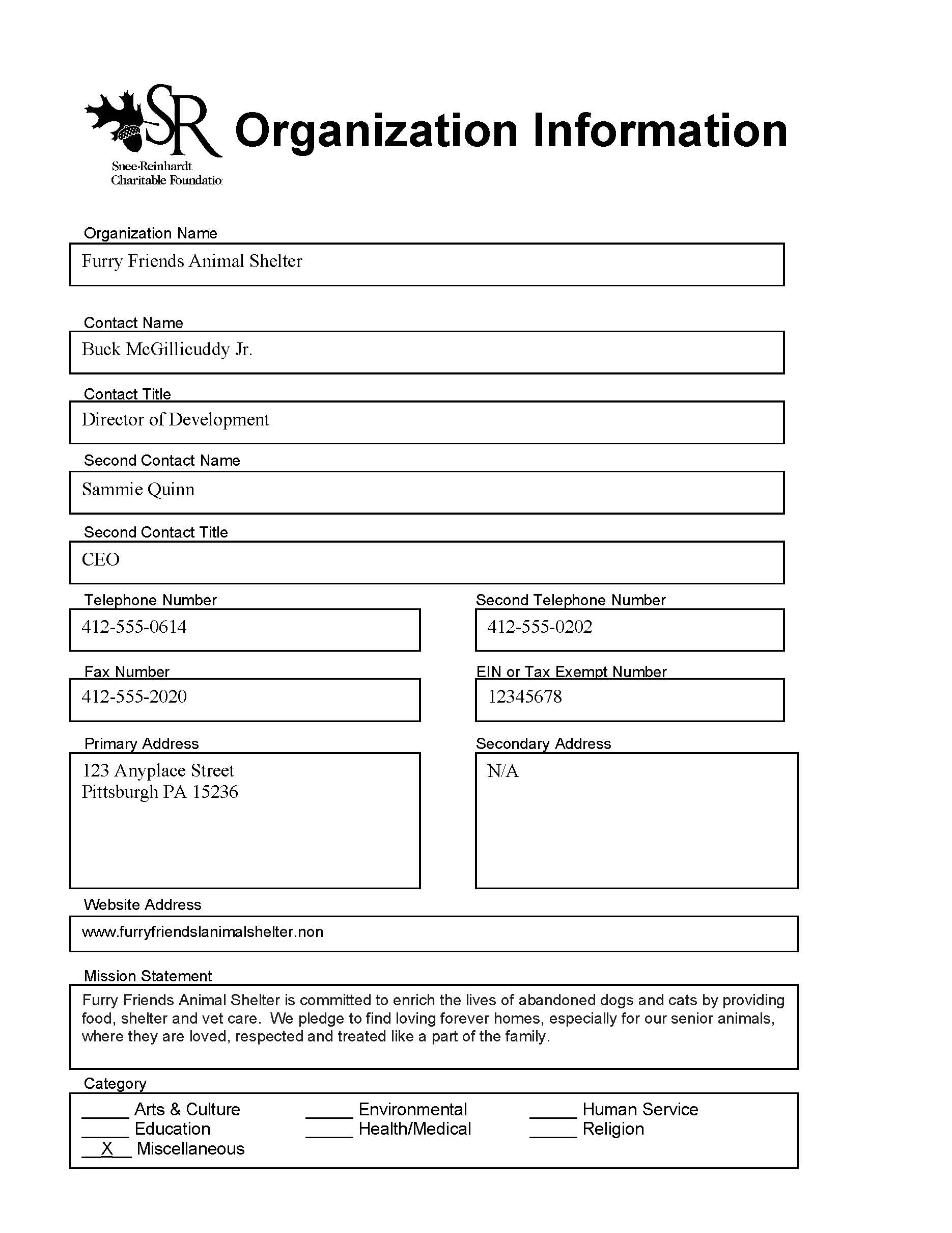 Sample Grant Application Snee Reinhardt Charitable Foundation
