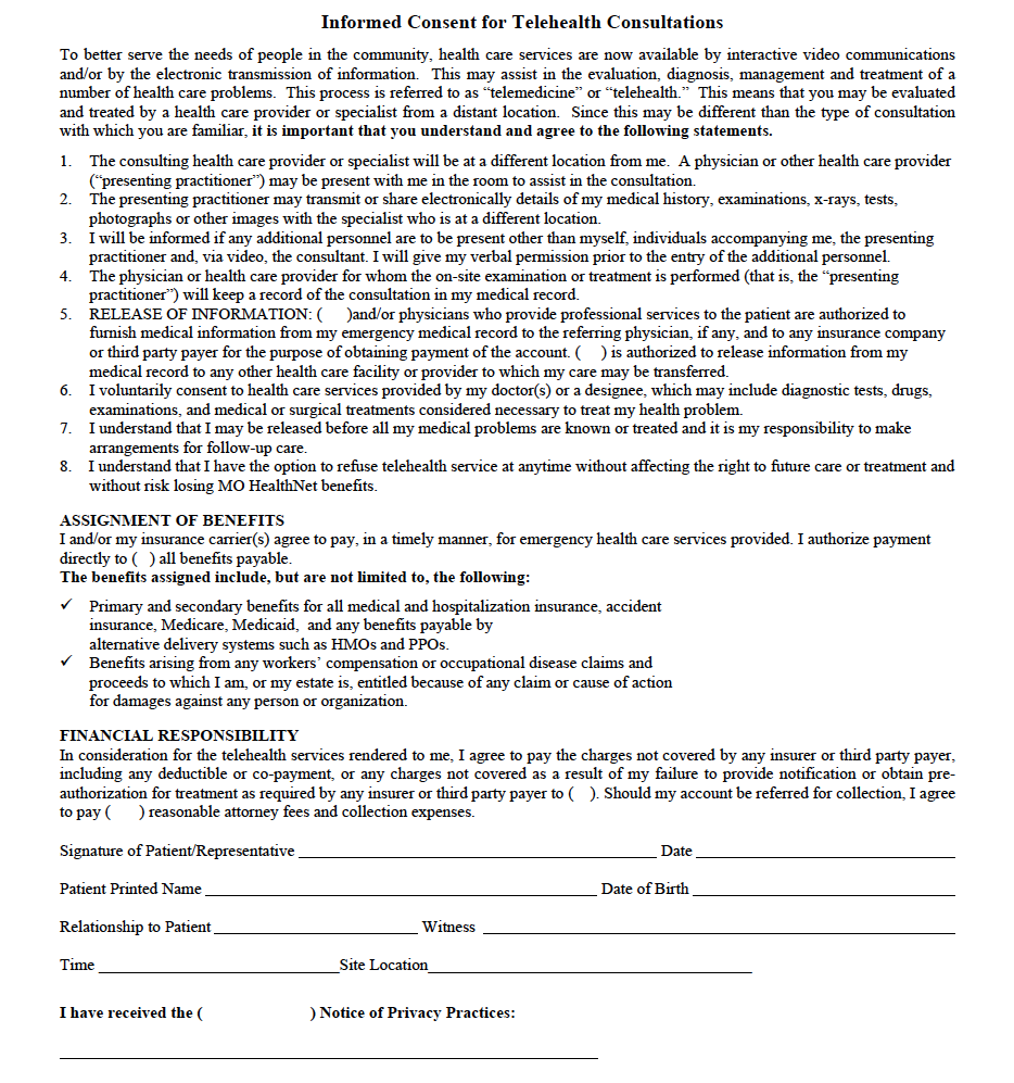 Sample Telehealth Consent Form National Consortium Of Telehealth Resource Centers