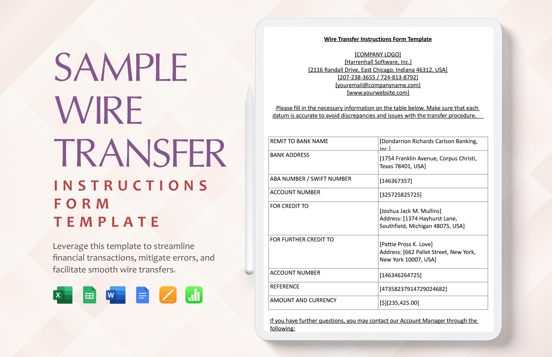 Sample Wire Transfer Instructions Form Template In Excel Apple 