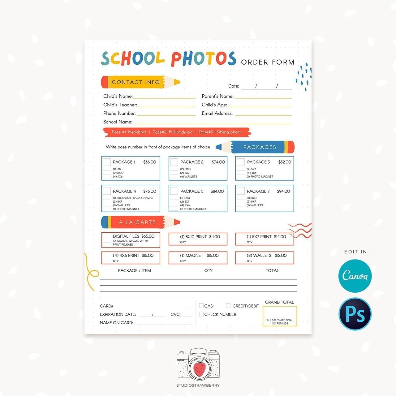 School Photography Order Form Photography Forms School Photographer Form School Photography Packages A La Carte Canva Photoshop