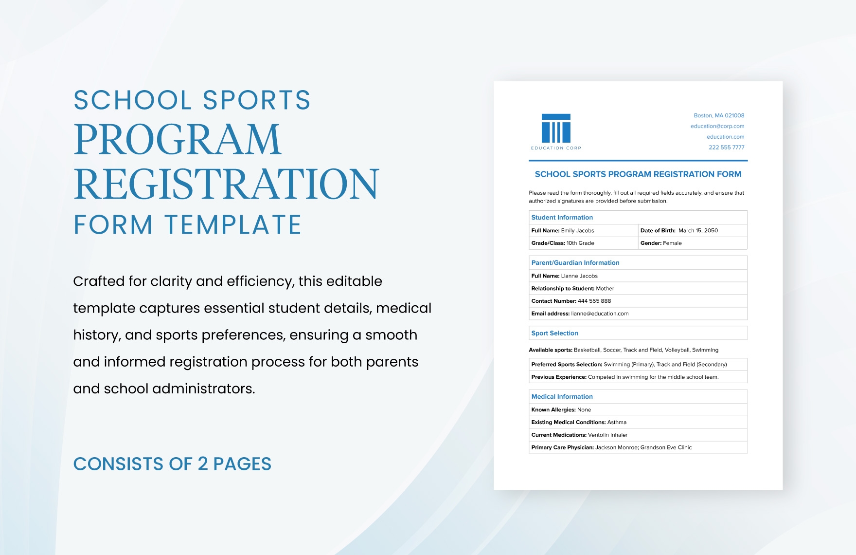 School Sports Program Registration Form Template In Word PDF 