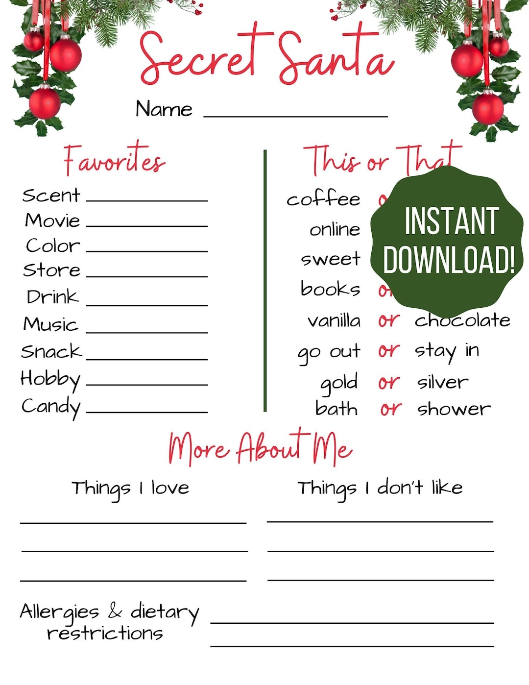 Secret Santa Questionnaire Secret Santa Form Christmas Printable Etsy Israel