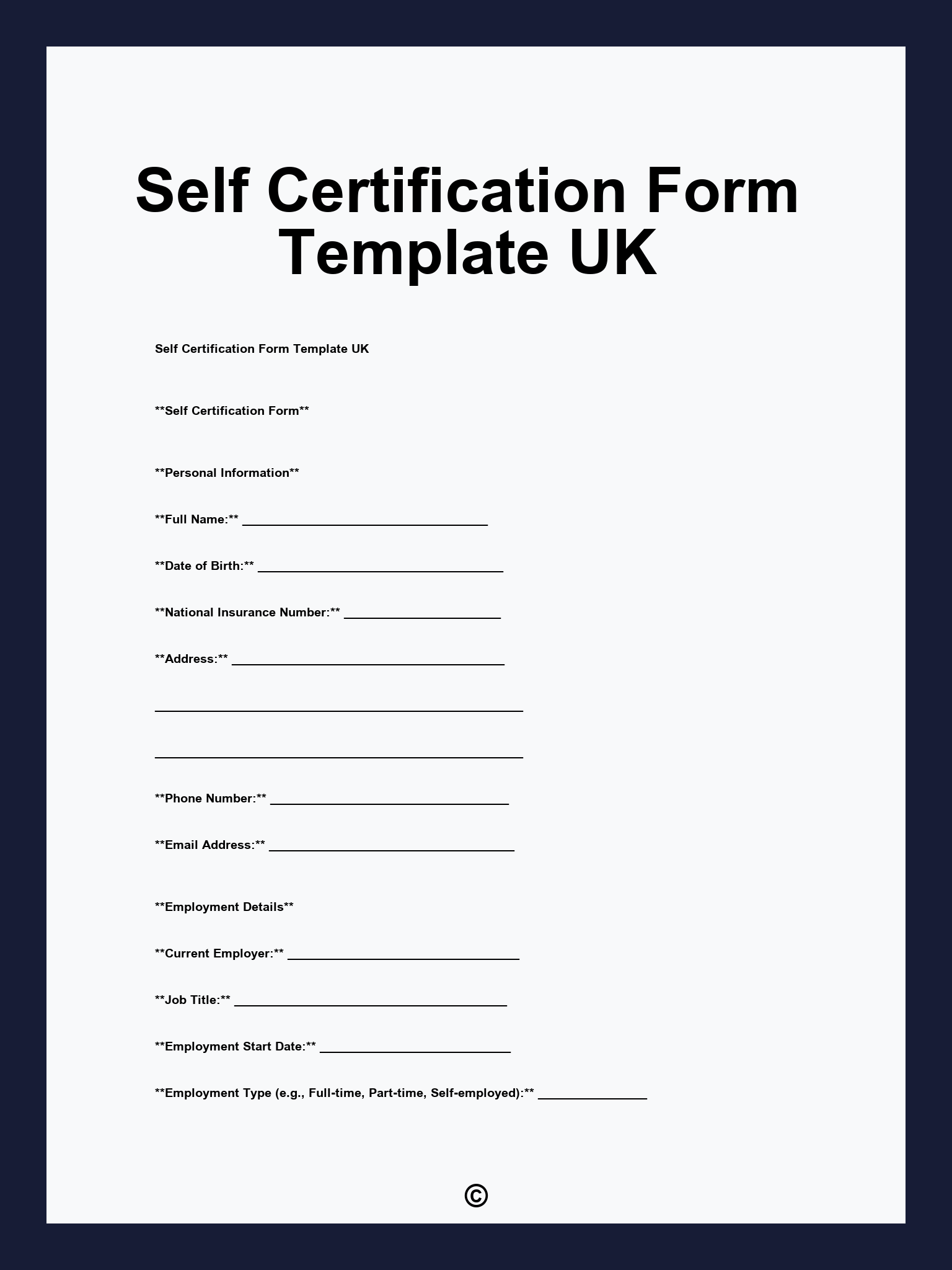 Self Certification Form Template UK