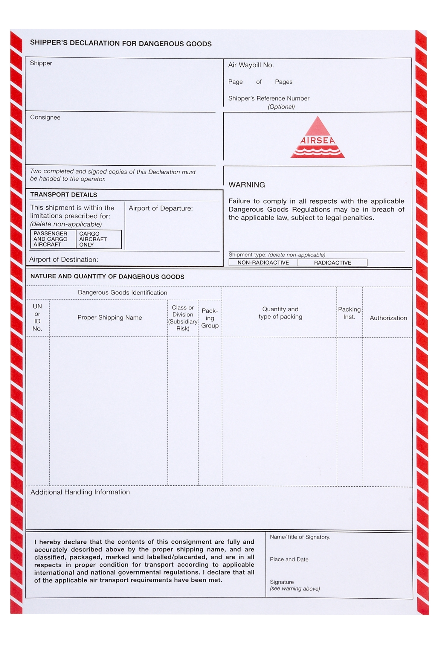 Shippers Declaration Form Air Sea Containers