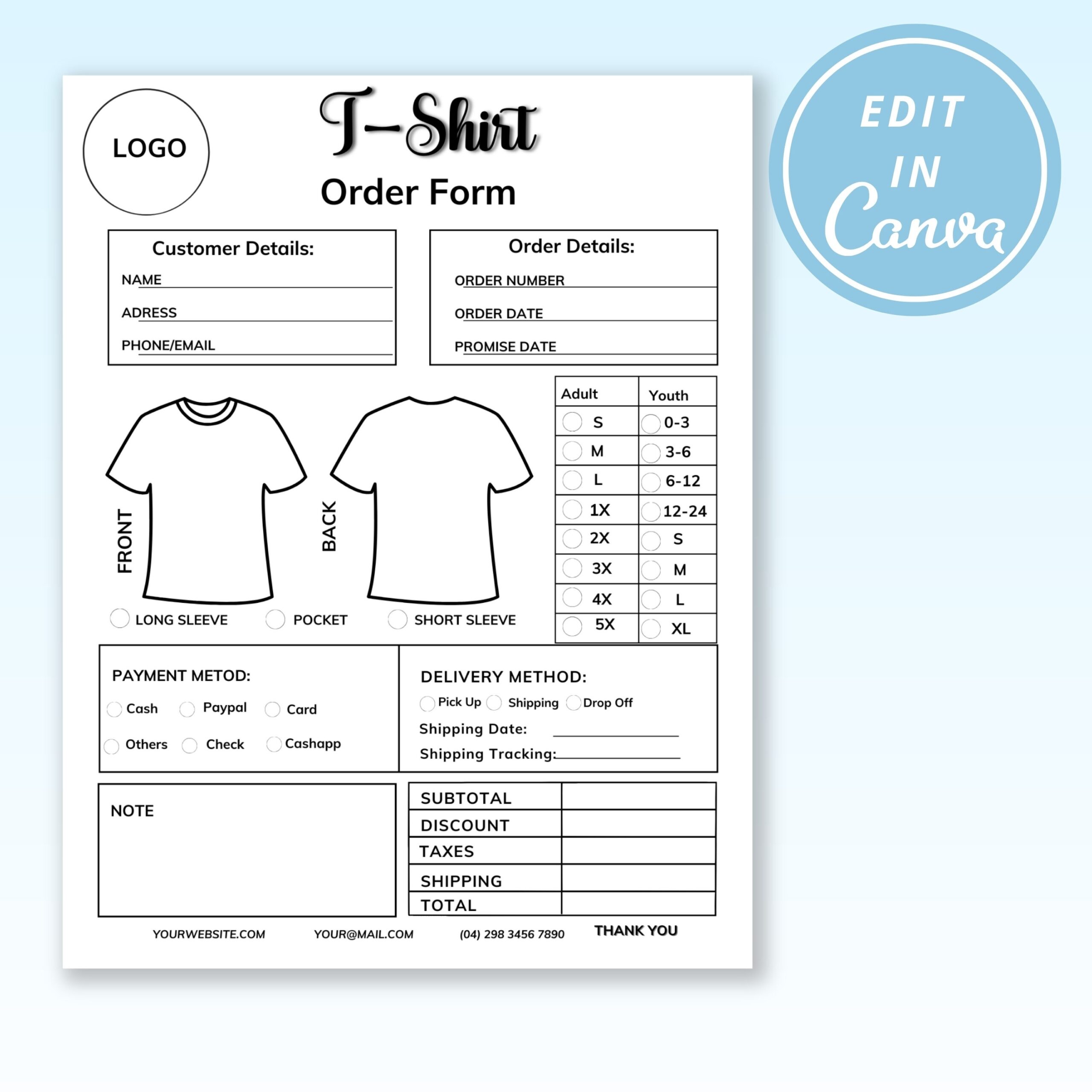 Shirt Order Form I Order Form Template I Custom Hoodie Canva Template Craft Order Form Etsy