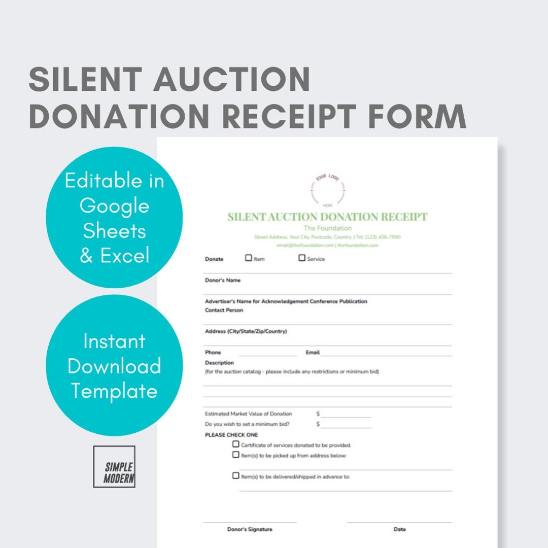 Silent Auction Donation Receipt Form Instant Digital Download 