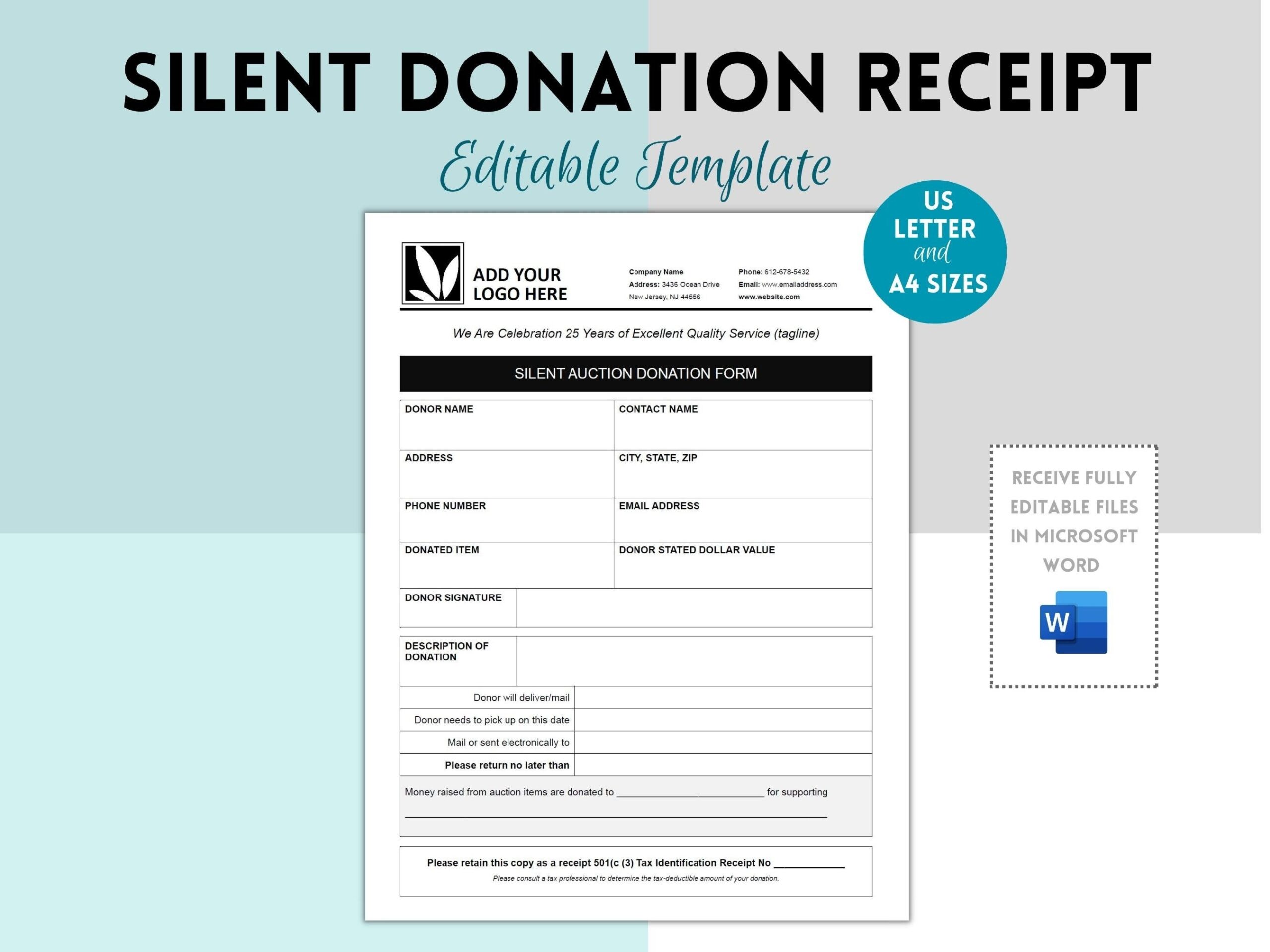Silent Auction Donation Receipt Form Printable For Charity 