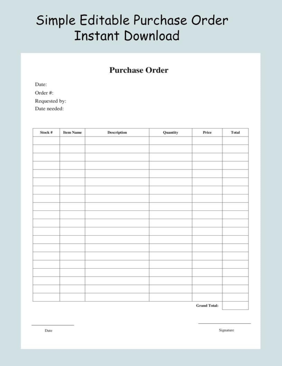 Simple Minimal Editable Purchase Order Form Template Downloadable Printable Order Form Etsy Australia