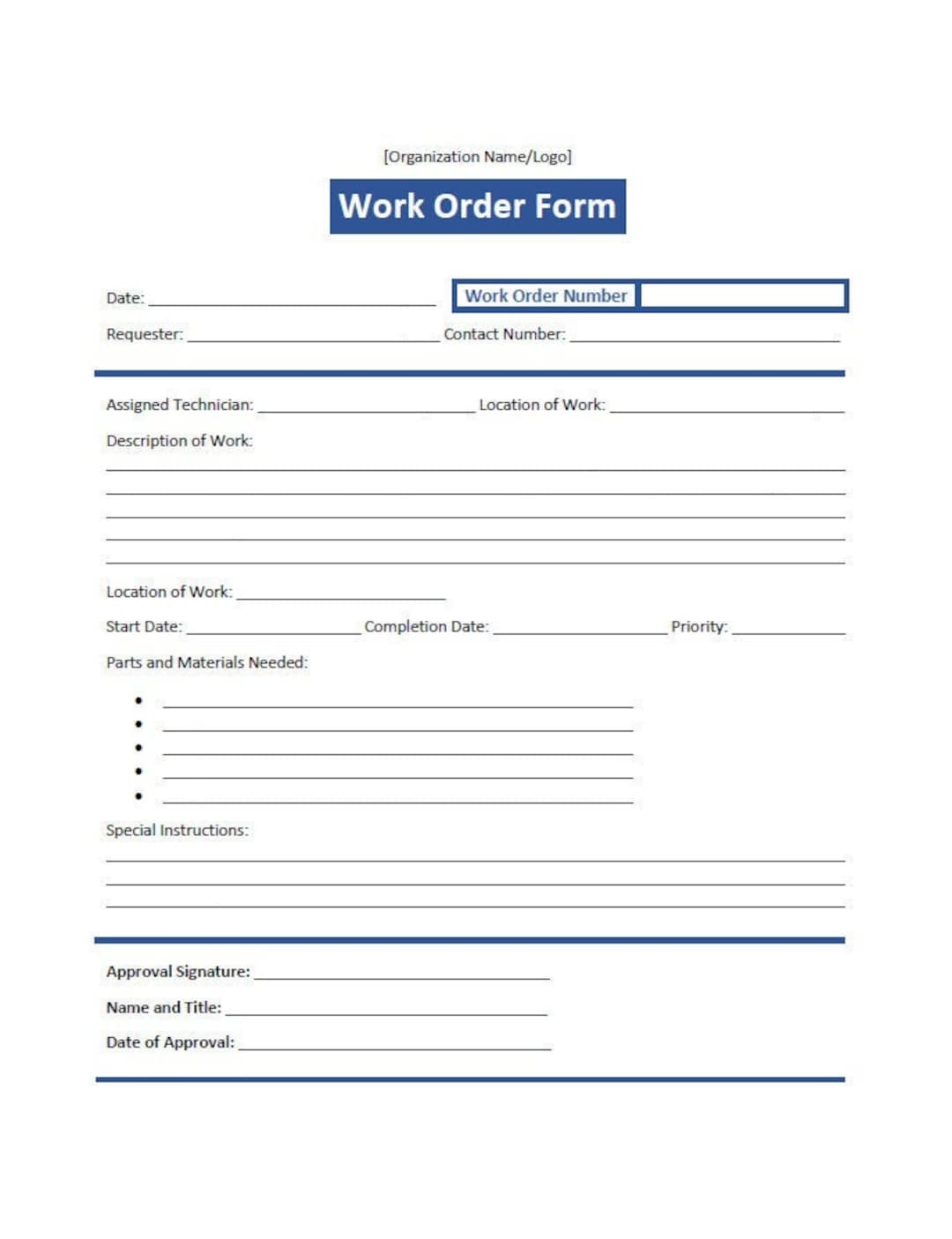 Simple Work Order Form Template word Editable Printable Etsy