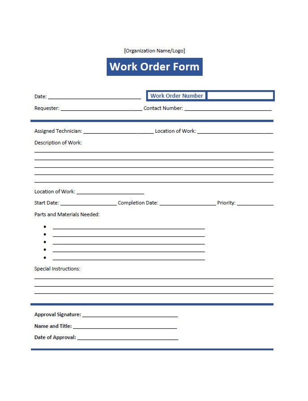 Simple Work Order Form Template word Editable Printable Etsy