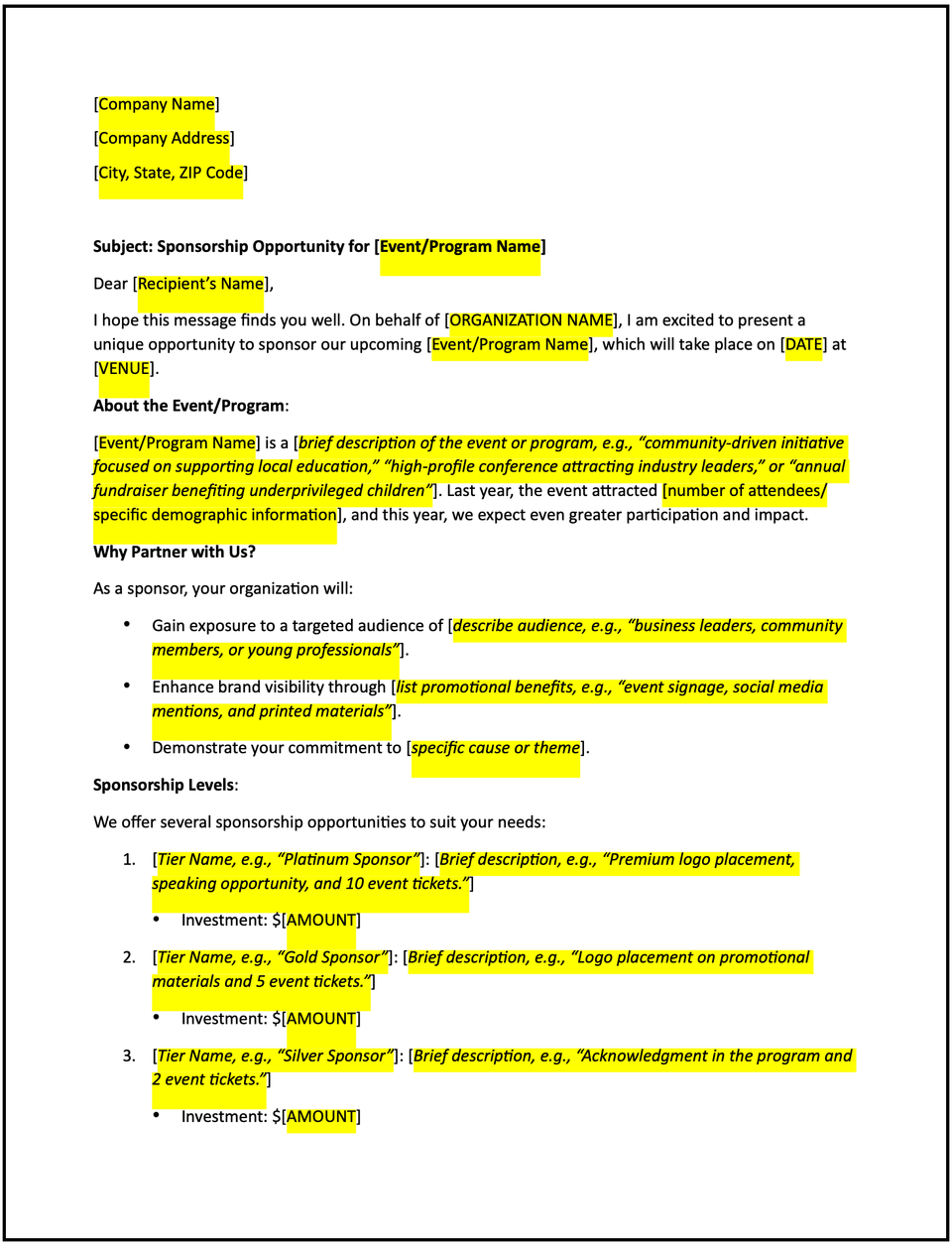 Sponsor Form Template Free