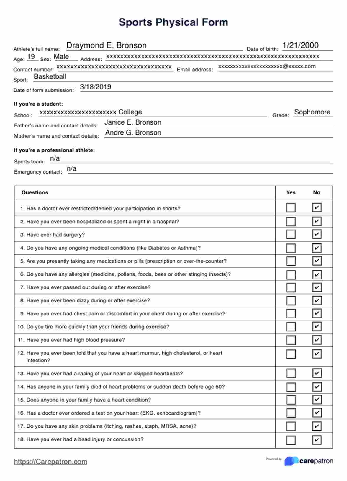 Sports Physical Form U0026 Example Free PDF Download