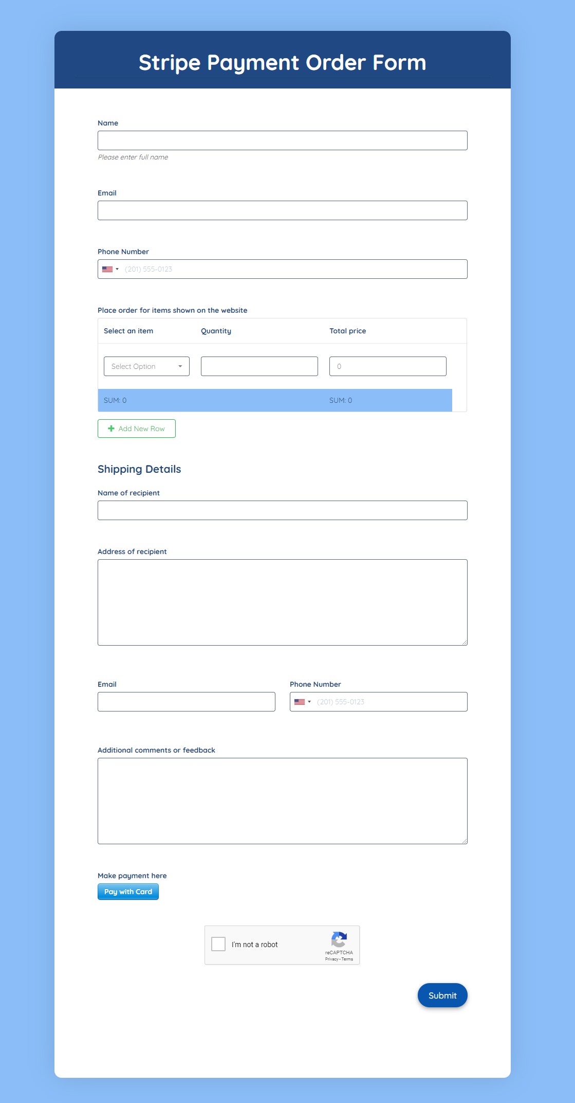 Stripe Payment Order Form Formplus