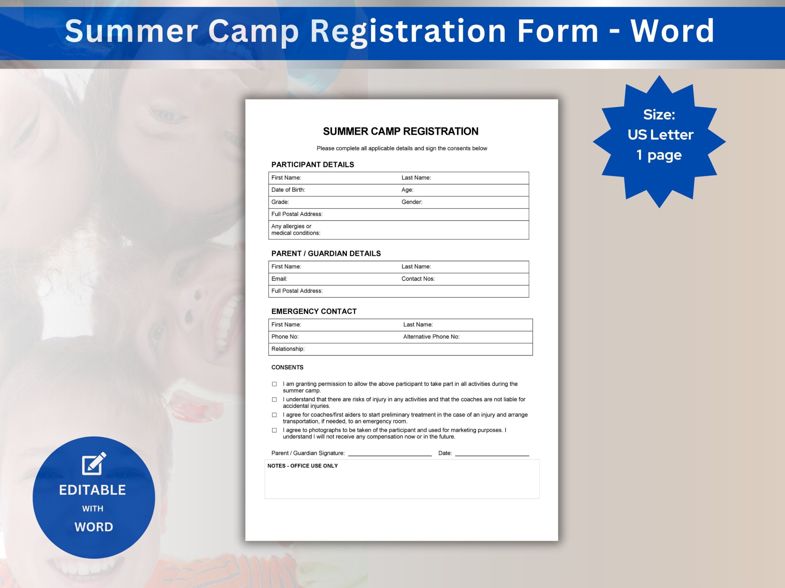 Summer Camp Registration Form For Holiday Camp Youth Sign Up With 