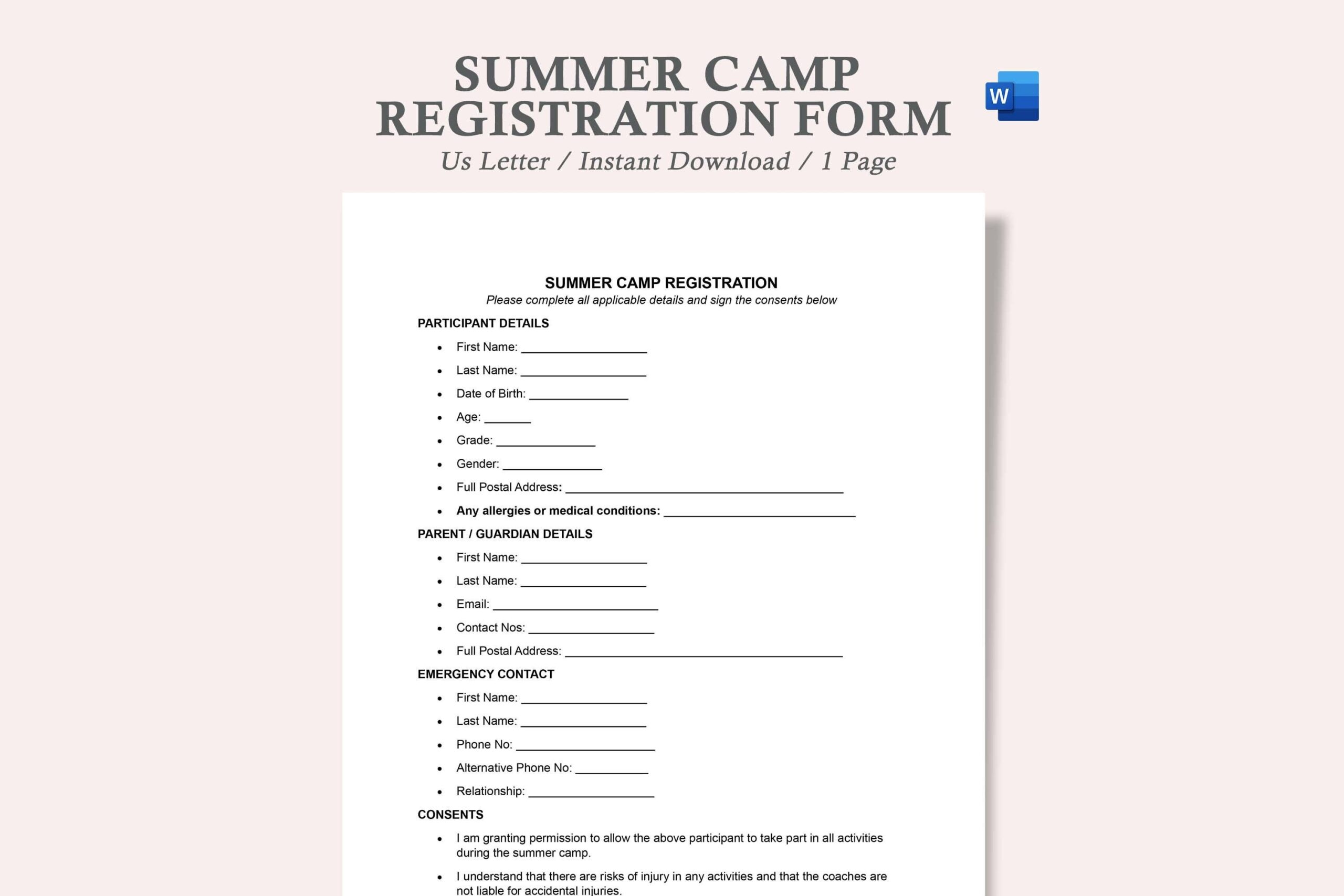Summer Camp Registration Form summer Camp Registration Form 