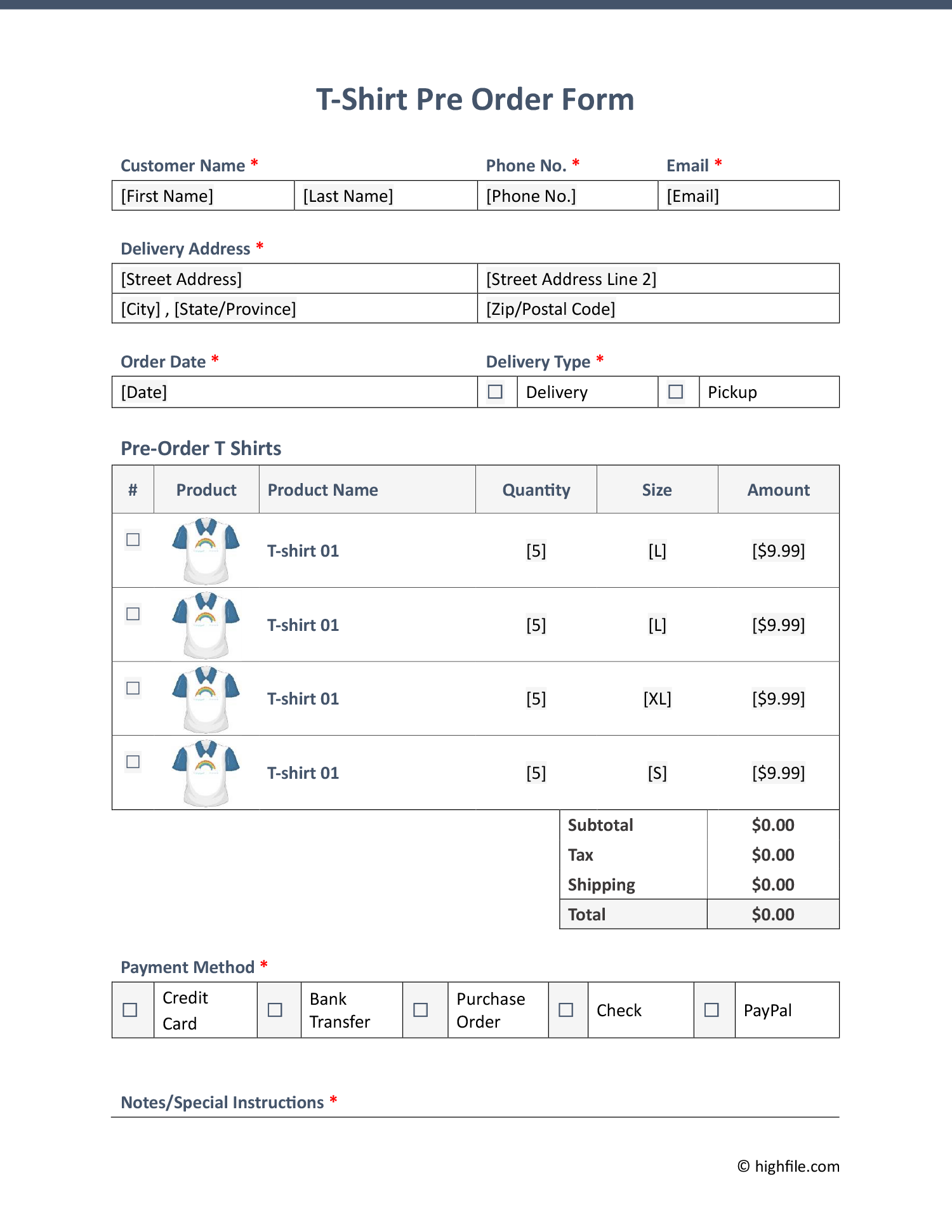 Pre Order Form Template