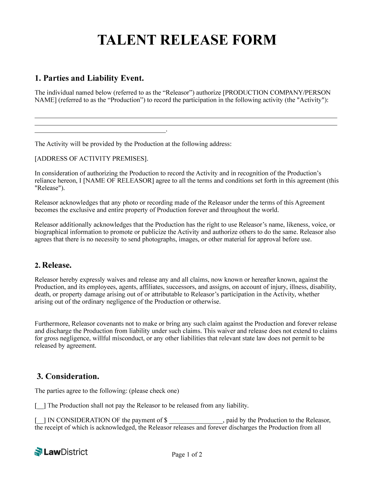 Talent Release Form Template Free PDF U0026 Word LawDistrict