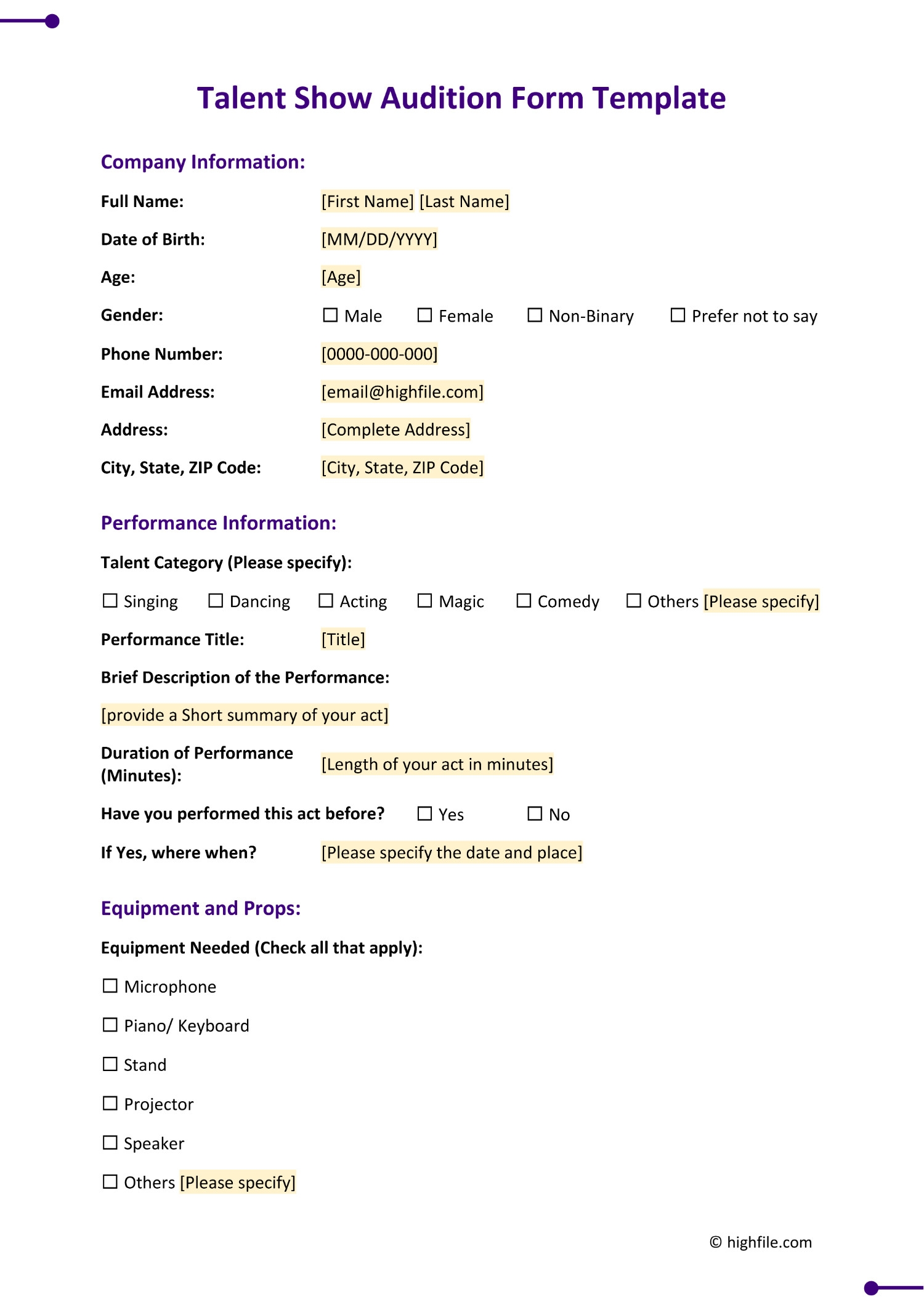Talent Show Audition Form Template Word PDF Google Docs 