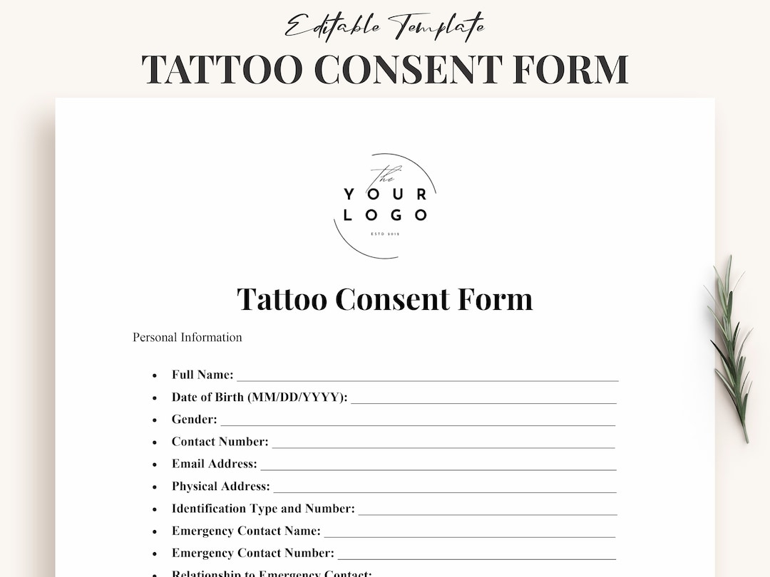 Tattoo Consent Form Template Professional Tattoo Studio Client Agreement Personal U0026 Health Information Sheet Customizable Ink Safety Etsy