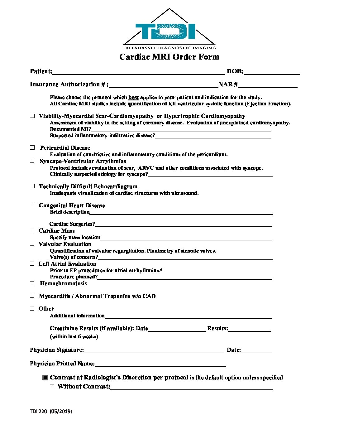 TDI Cardiac MRI Order Form Radiology Associates Of Tallahassee