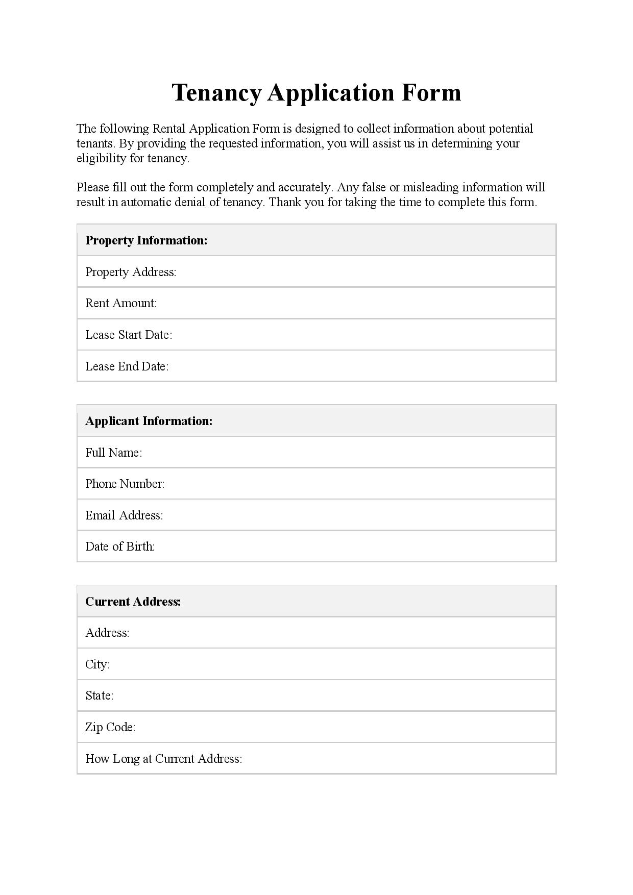 Tenant Application Form Template