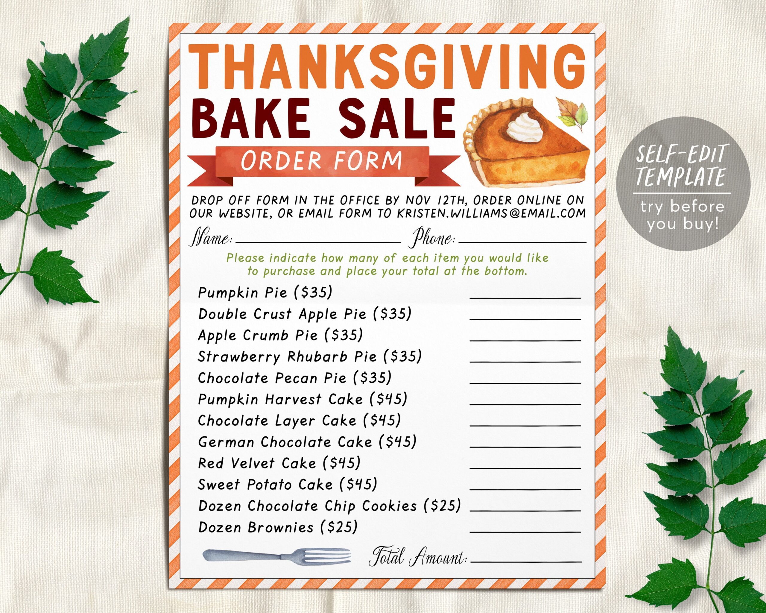 Thanksgiving Bake Sale Order Form Editable Template Fall Fundraiser Pie Sale Order Form Bakery Order Form Product Sales School PTO PTA Etsy