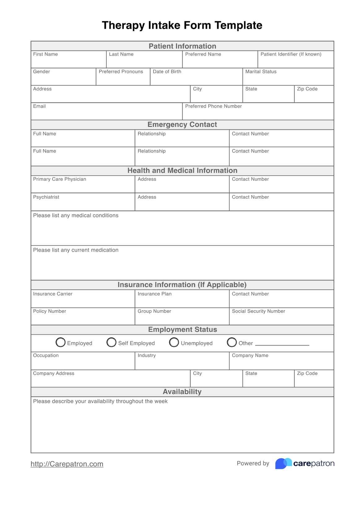 Counseling Intake Form Template