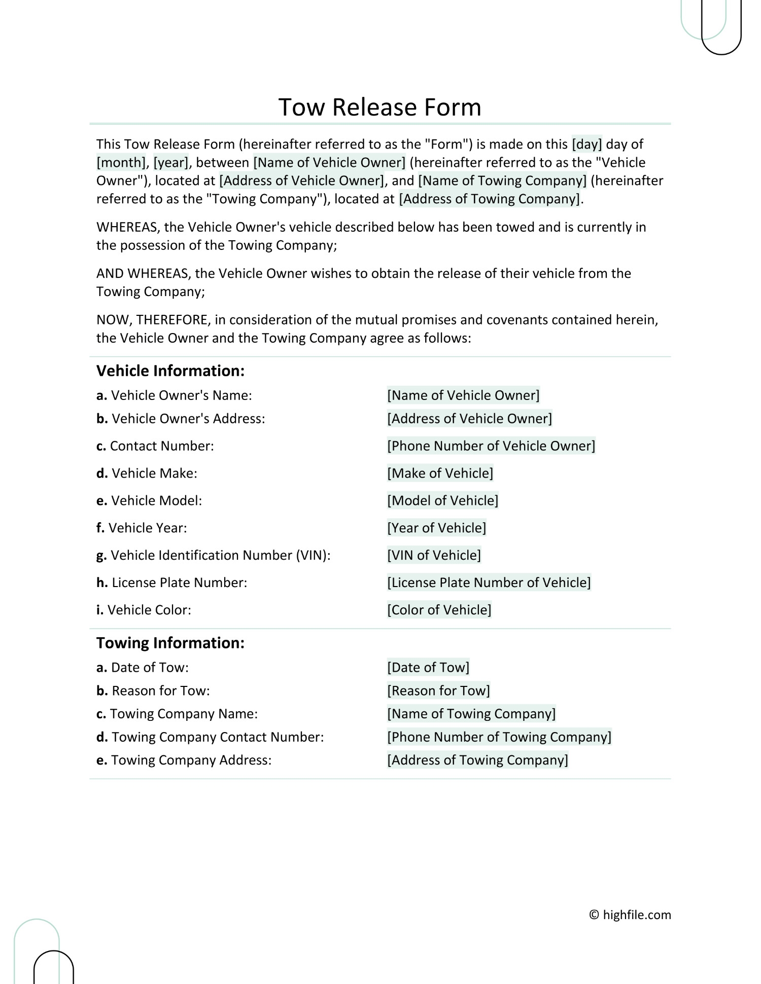 Vehicle Release Form Template
