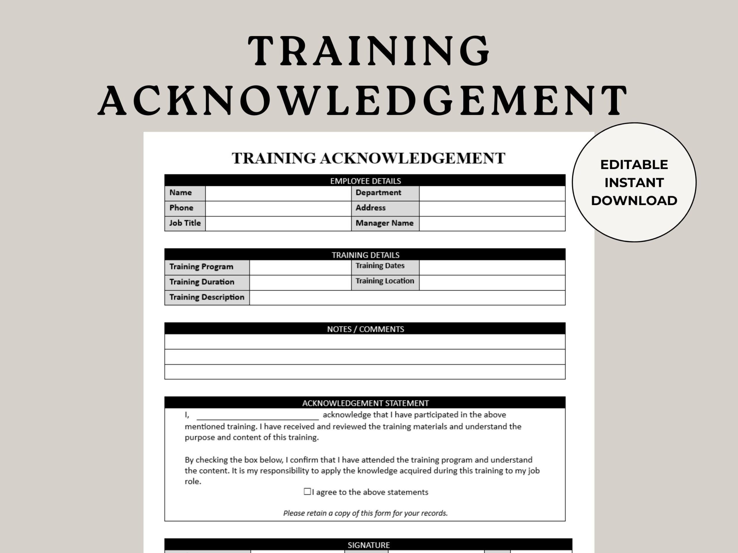 Training Acknowledgement Manager Training Safety Training 