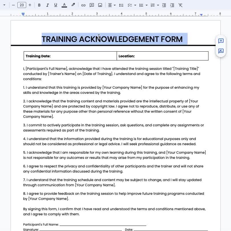 Training Acknowledgment Form Template Employee Training Form Training Compliance Form Training Confirmation Template Employee Onboarding HR