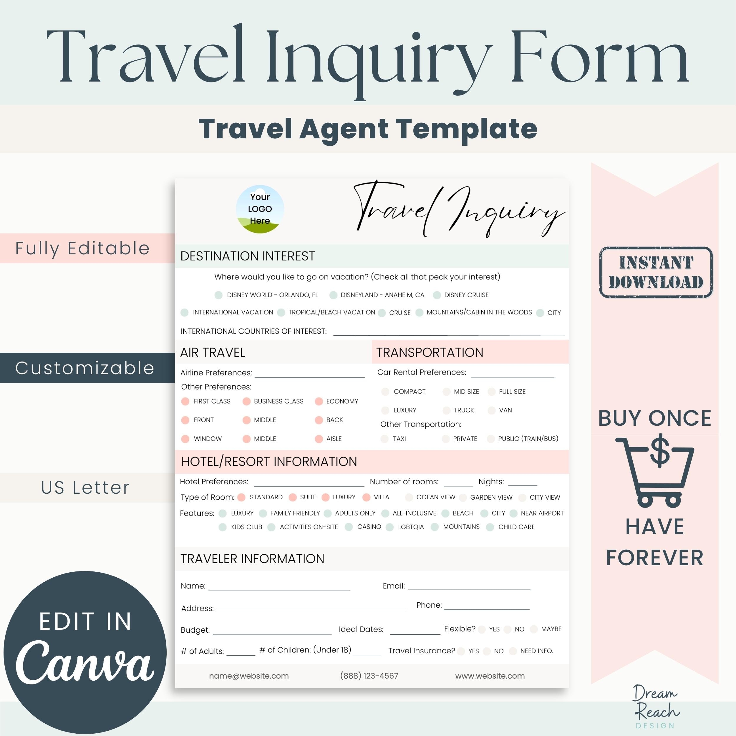 Travel Inquiry Template For Travel Agents Travel Inquiry Form Travel Agent Forms Travel Agent Templates Edit In Canva Etsy UK