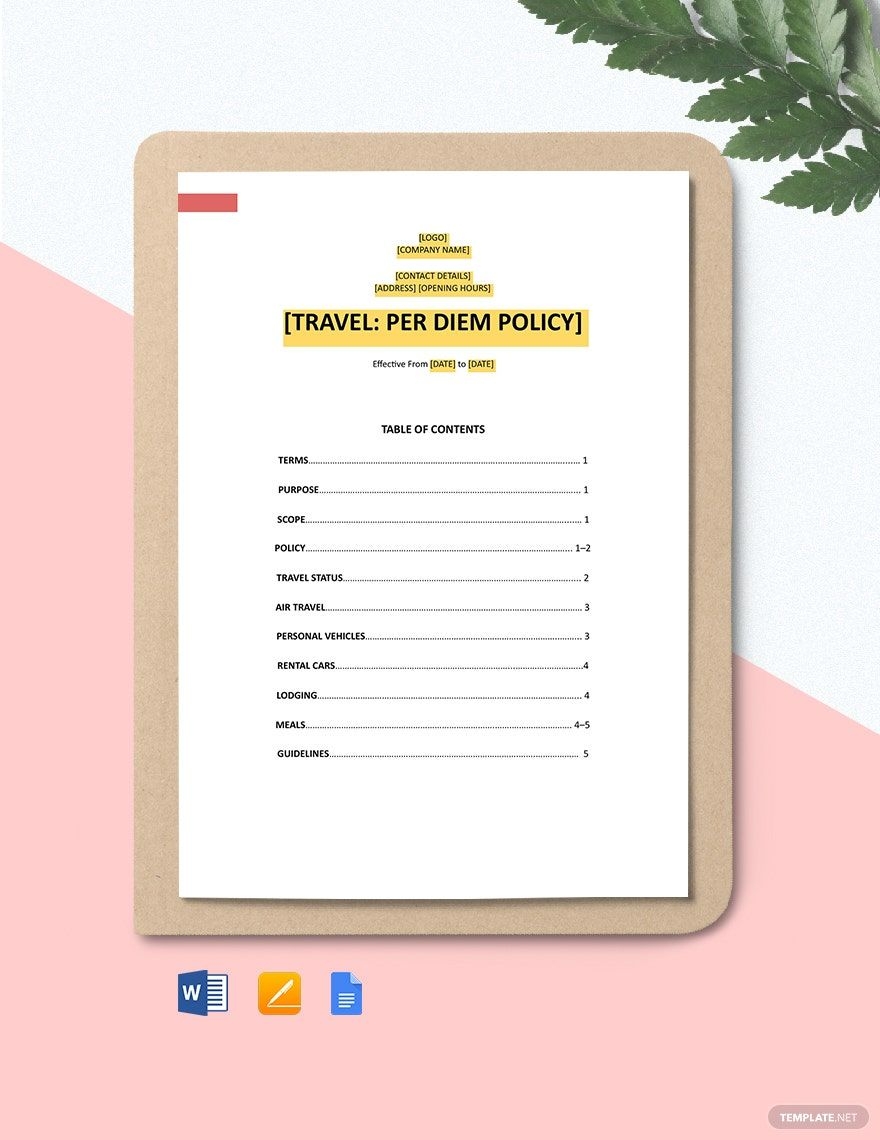 Travel Per Diem Policy Template In PDF Word Google Docs Download Template