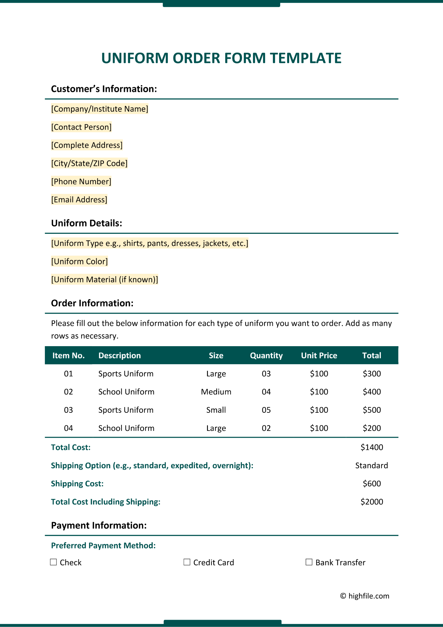 Uniform Order Form Template Word PDF Google Docs Highfile