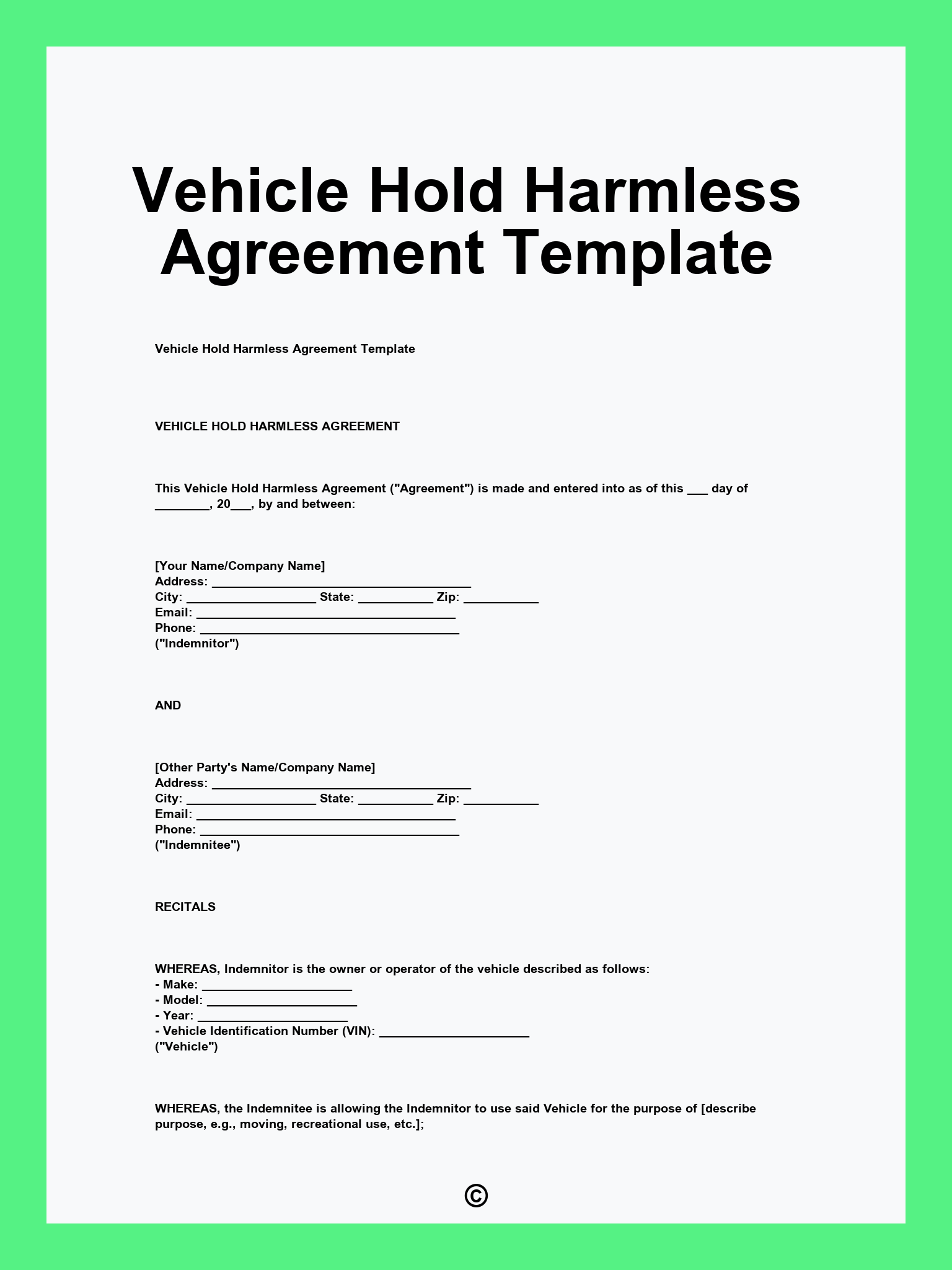 Vehicle Hold Harmless Agreement Template