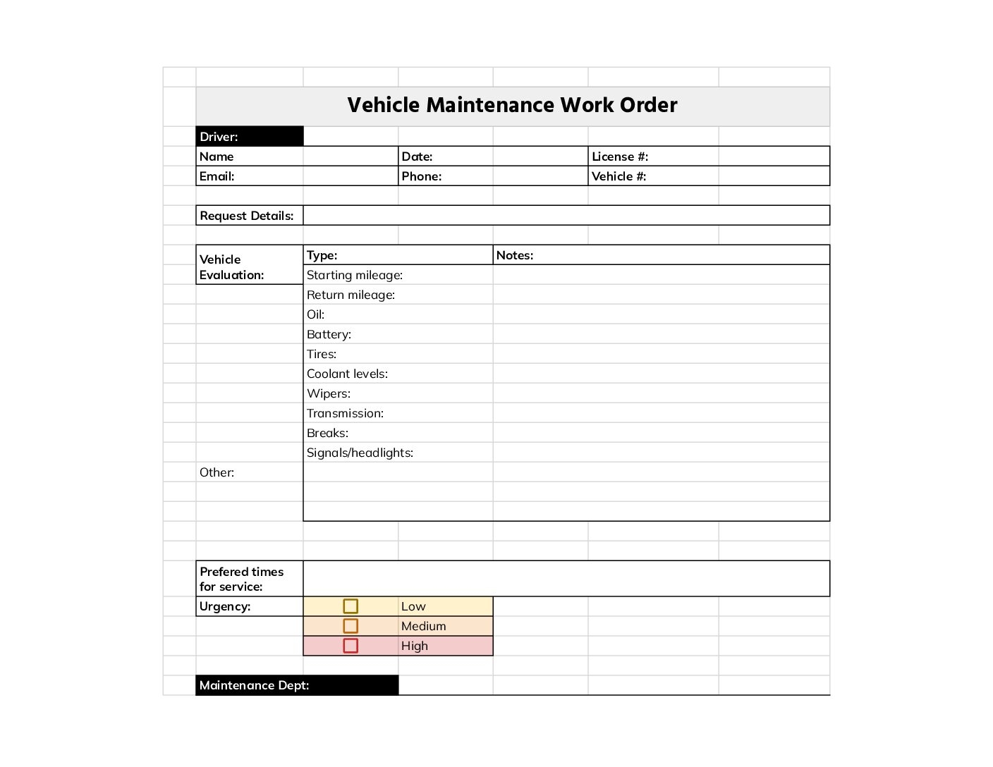 Vehicle Maintenance Work Order Template PDF Excel Word 