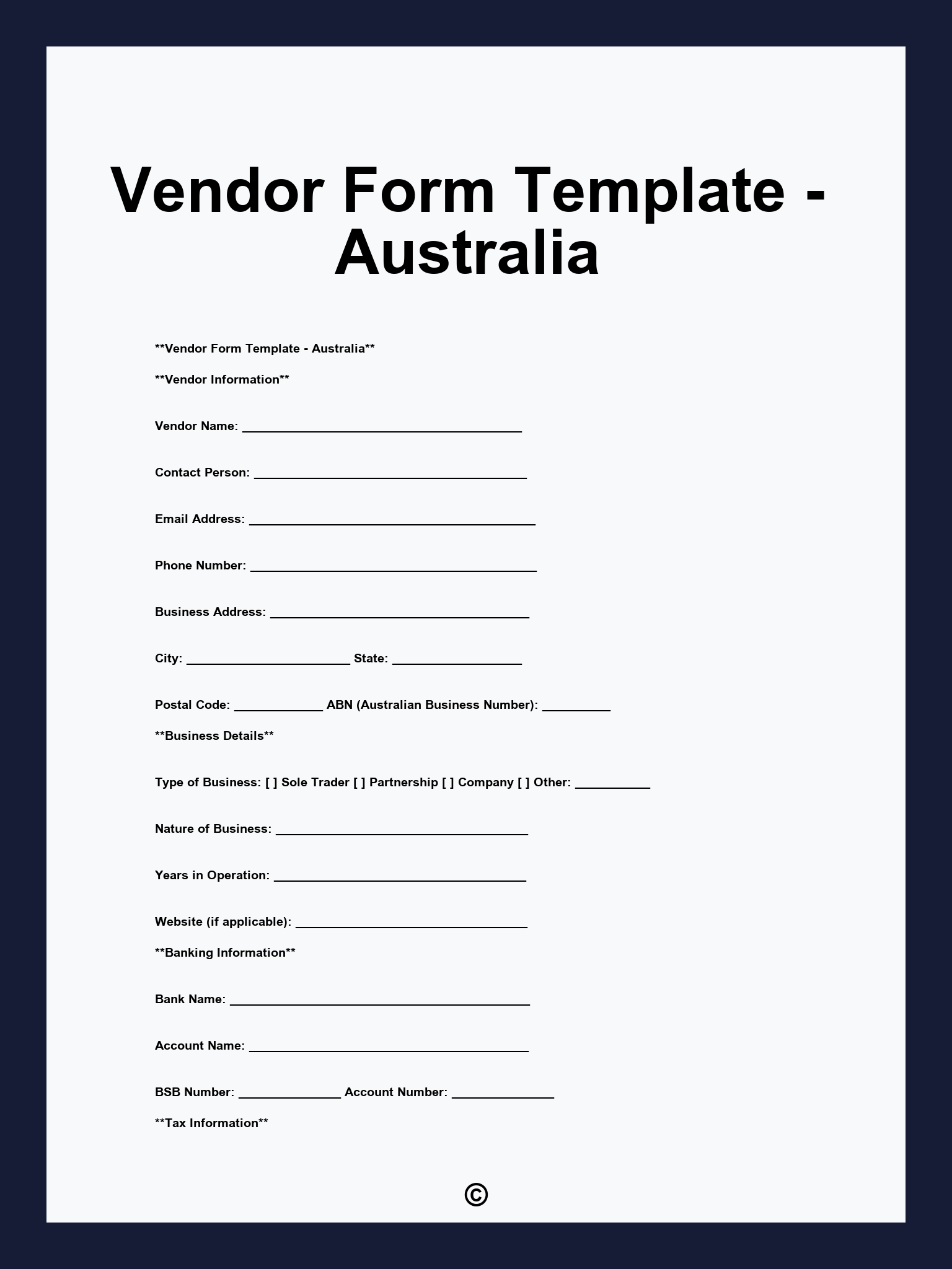 Vendor Form Template Australia