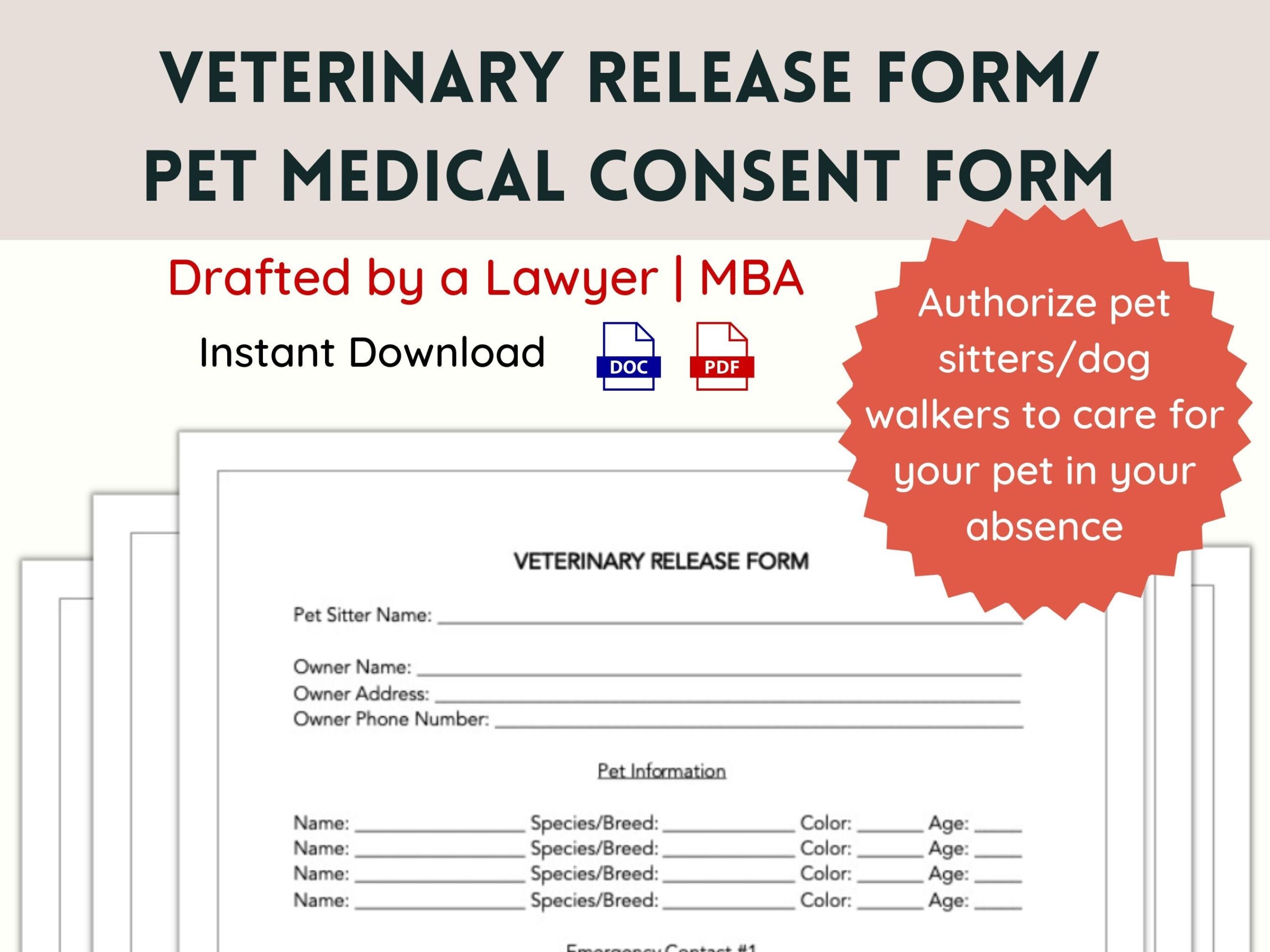 Veterinary Release Form Pet Medical Consent Legal Template Pet 