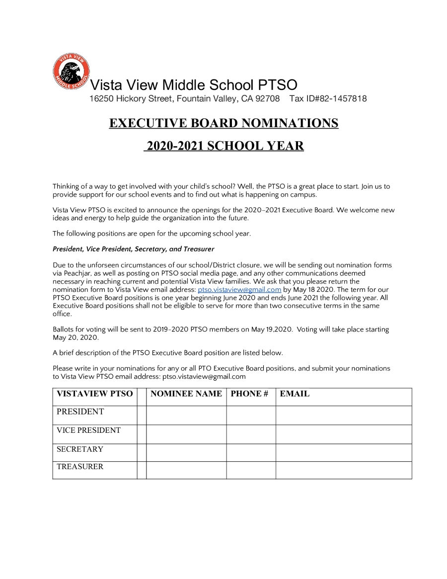Vista View PTSO Nomination Form