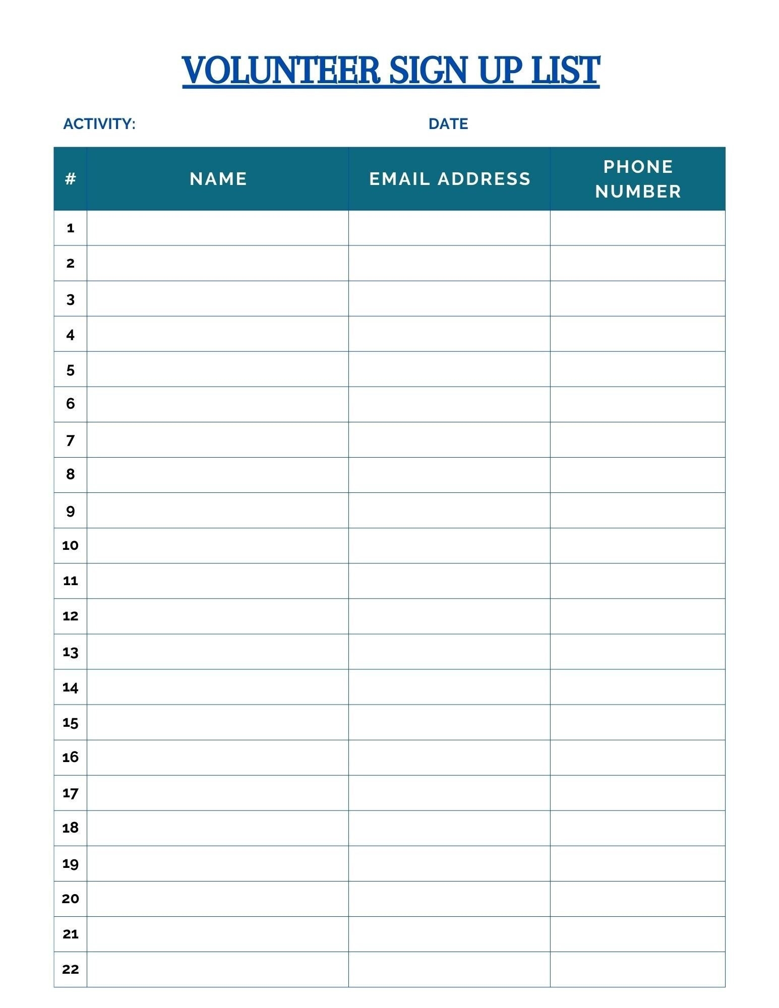 Volunteer Sign Up Sheet Printable Registration Form