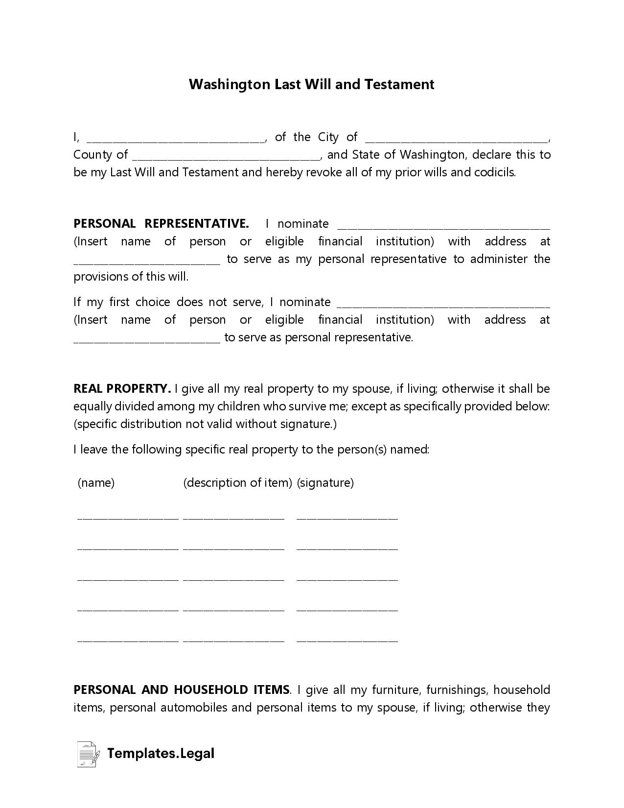Washington Last Will And Testament Templates Free Word PDF ODT 