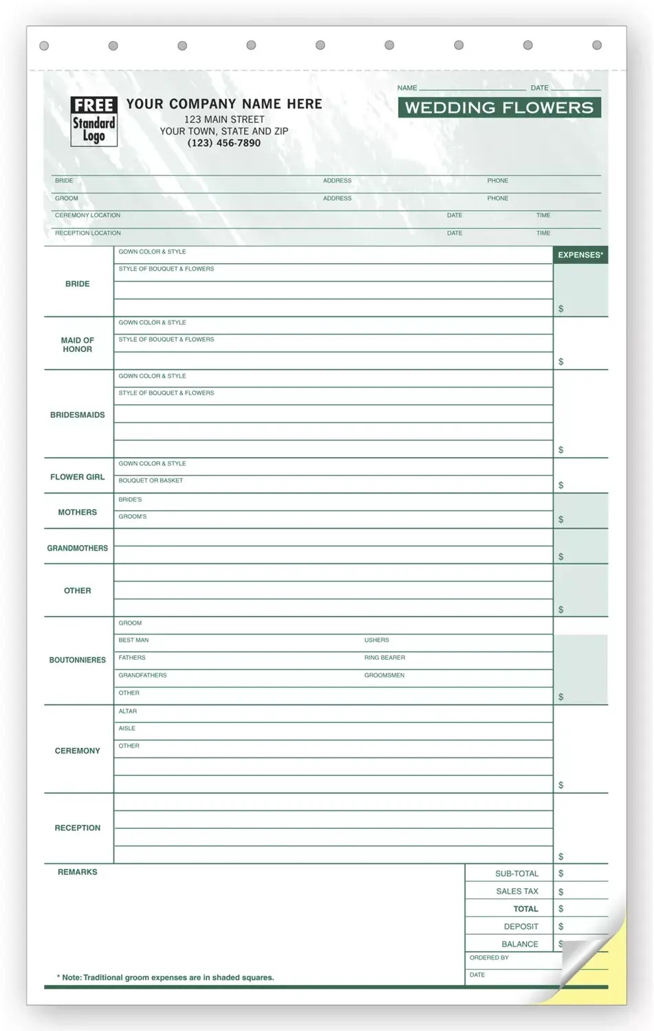 Wedding Flower Order Forms