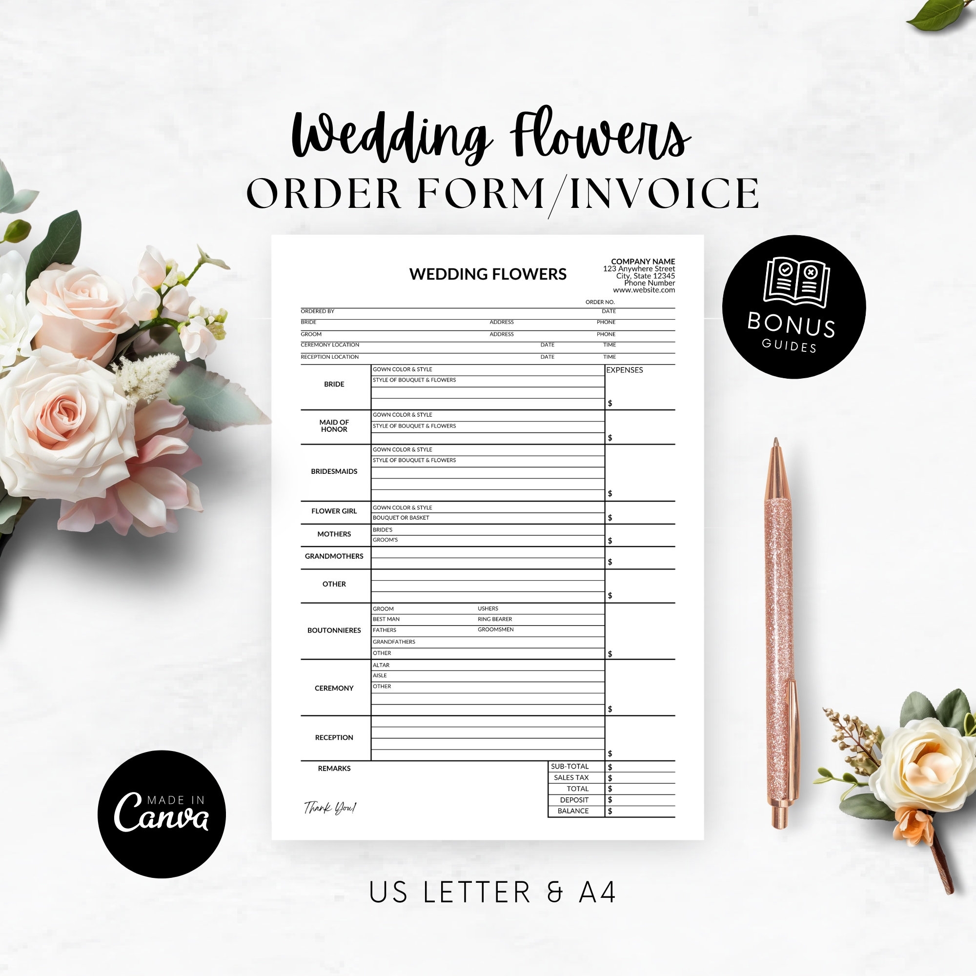 Wedding Flowers Order Sheet U0026 Invoice For Wedding Planner Digital Florist Wedding Order Form Template Event Floral Order Editable Sheet Etsy